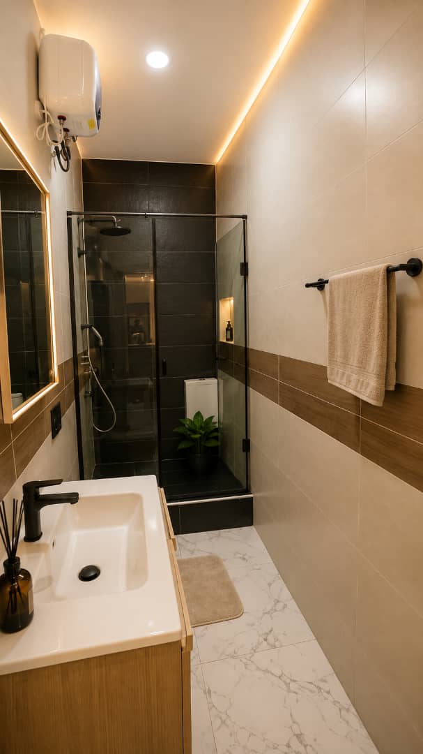 Lawrevee Homes Chevron Lekki shortlet bathroom with rain shower in honed stone