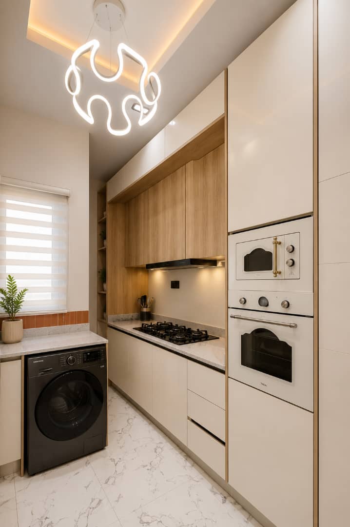 Lawrevee Homes Chevron Lekki shortlet kitchen with marble counters
