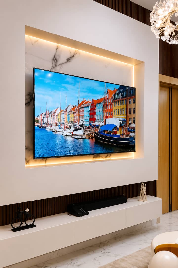 Lawrevee Homes Chevron Lekki shortlet living room with wall-mounted entertainment